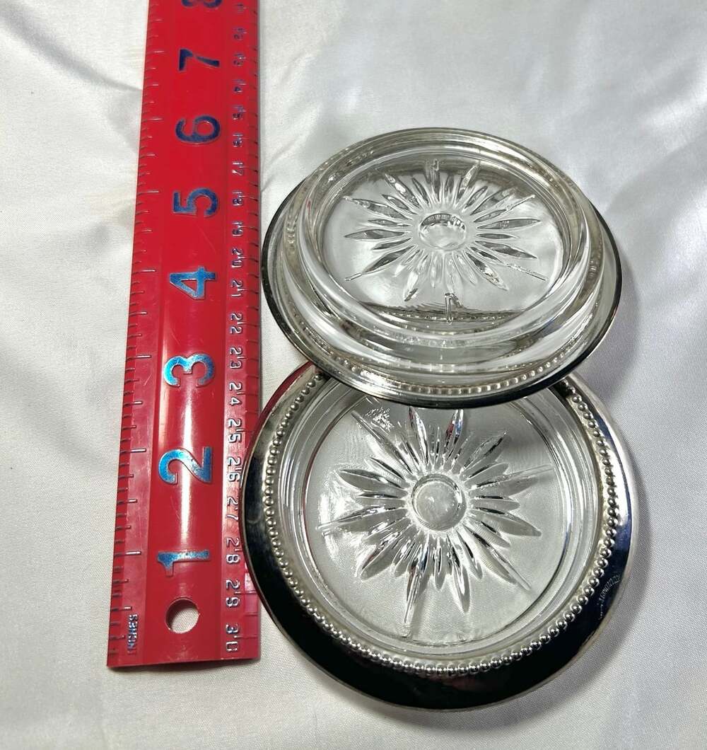 Silver plated Star burst pattern MCM vintage glass coasters lot of 2